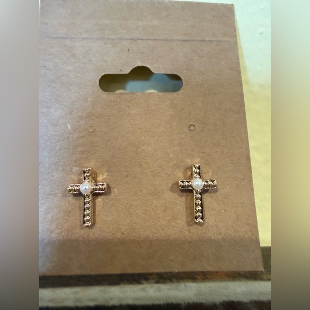 Gold Cross Earrings with Pearl Accent